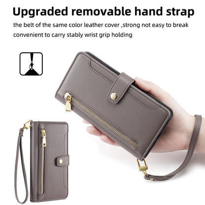 For ZTE Blade A52 Lite 4G Full Protection PU Leather Stand Case Zipper Pocket Card Slots Flip Phone Cover with Wrist Strap and Shoulder Strap