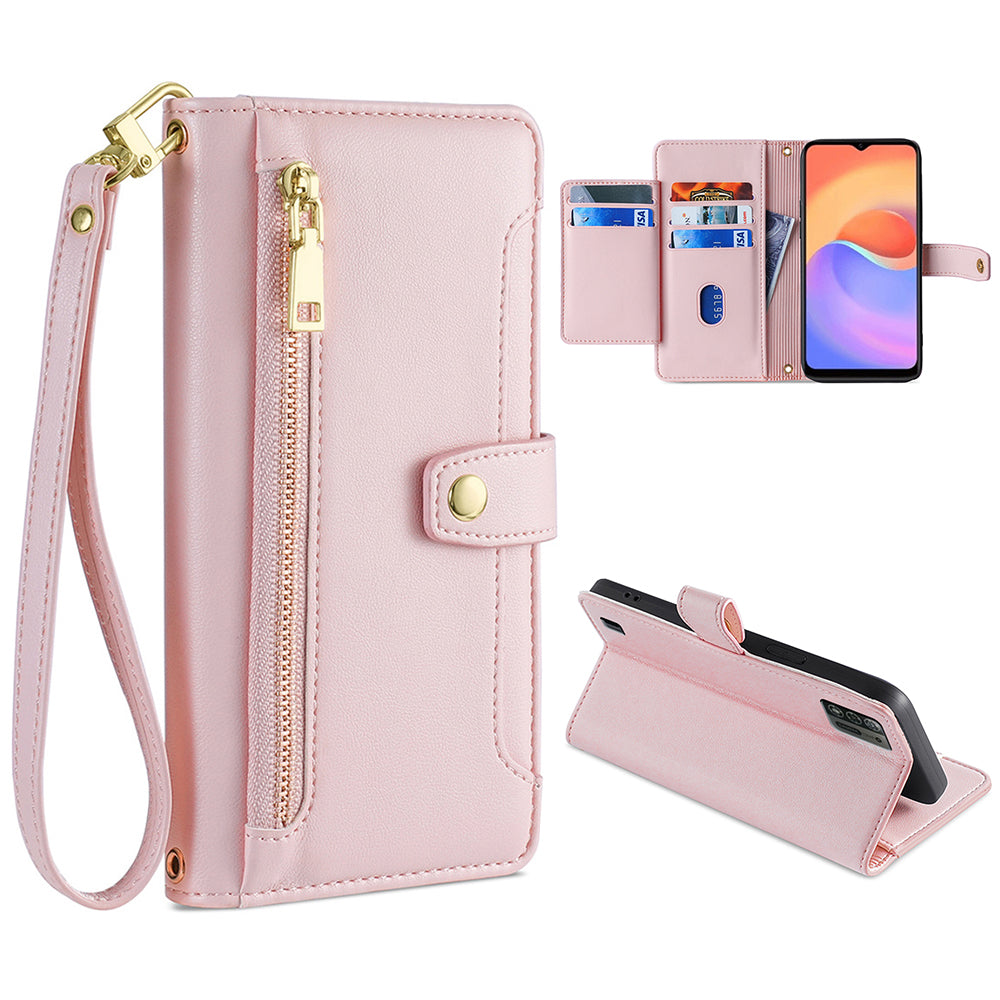 For ZTE Blade A52 Lite 4G Full Protection PU Leather Stand Case Zipper Pocket Card Slots Flip Phone Cover with Wrist Strap and Shoulder Strap