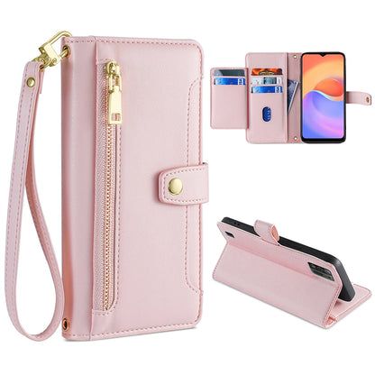 For ZTE Blade A52 Lite 4G Full Protection PU Leather Stand Case Zipper Pocket Card Slots Flip Phone Cover with Wrist Strap and Shoulder Strap