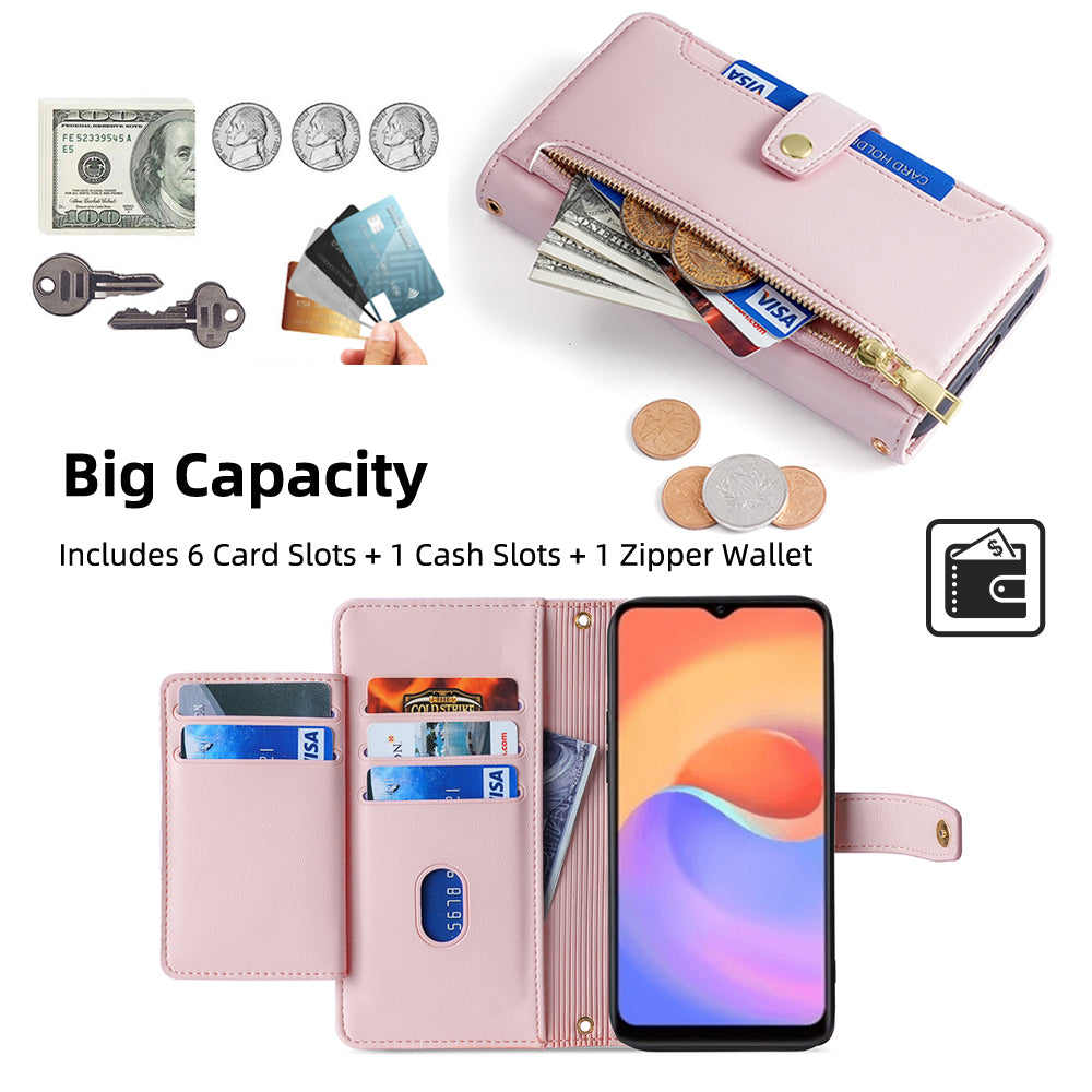 For ZTE Blade A52 Lite 4G Full Protection PU Leather Stand Case Zipper Pocket Card Slots Flip Phone Cover with Wrist Strap and Shoulder Strap