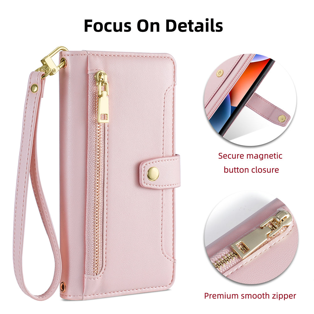 For ZTE Blade A52 Lite 4G Full Protection PU Leather Stand Case Zipper Pocket Card Slots Flip Phone Cover with Wrist Strap and Shoulder Strap