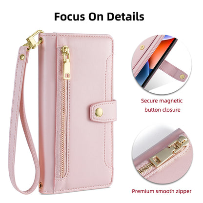 For ZTE Blade A52 Lite 4G Full Protection PU Leather Stand Case Zipper Pocket Card Slots Flip Phone Cover with Wrist Strap and Shoulder Strap