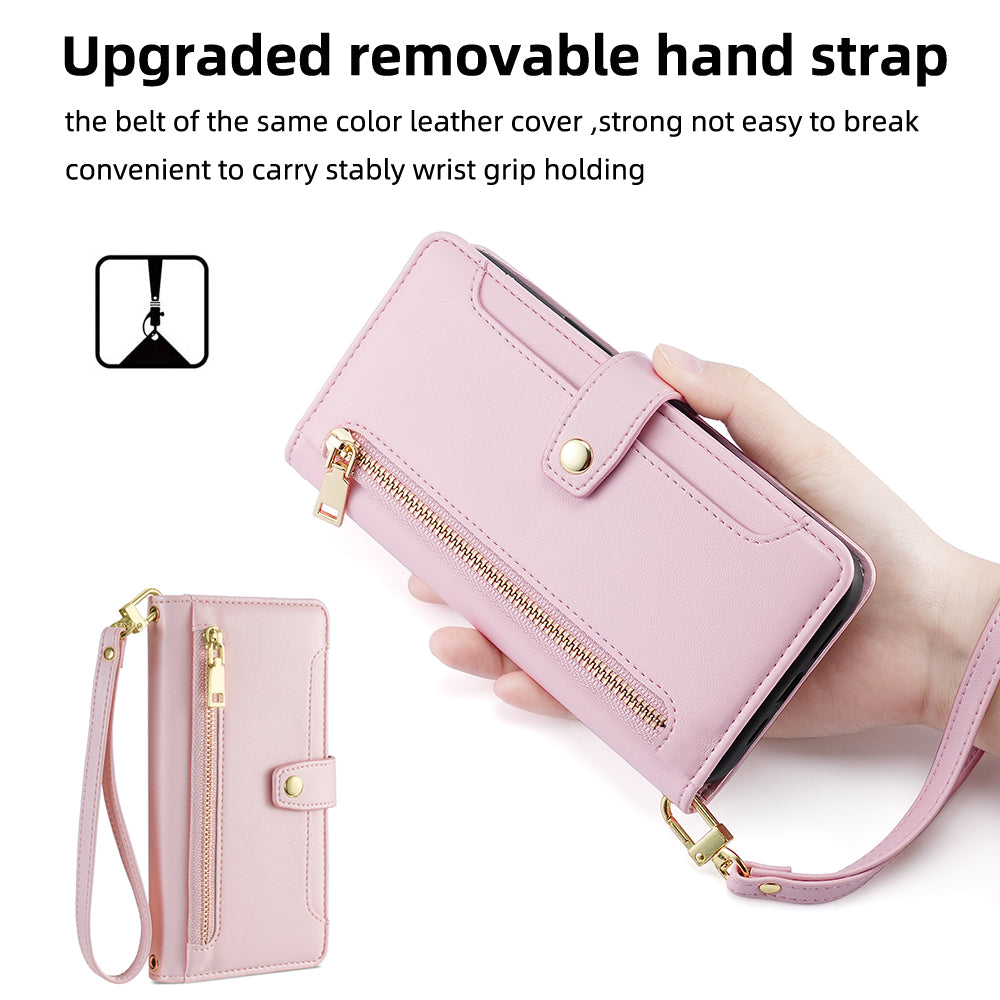 For ZTE Blade A52 Lite 4G Full Protection PU Leather Stand Case Zipper Pocket Card Slots Flip Phone Cover with Wrist Strap and Shoulder Strap