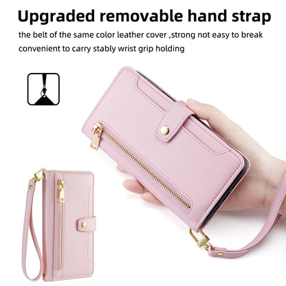 For ZTE Blade A52 Lite 4G Full Protection PU Leather Stand Case Zipper Pocket Card Slots Flip Phone Cover with Wrist Strap and Shoulder Strap