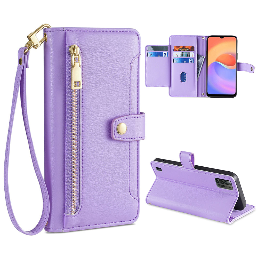 For ZTE Blade A52 Lite 4G Full Protection PU Leather Stand Case Zipper Pocket Card Slots Flip Phone Cover with Wrist Strap and Shoulder Strap