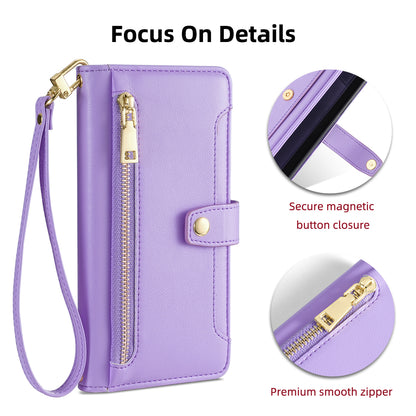 For ZTE Blade A52 Lite 4G Full Protection PU Leather Stand Case Zipper Pocket Card Slots Flip Phone Cover with Wrist Strap and Shoulder Strap