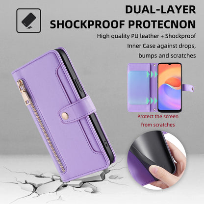 For ZTE Blade A52 Lite 4G Full Protection PU Leather Stand Case Zipper Pocket Card Slots Flip Phone Cover with Wrist Strap and Shoulder Strap