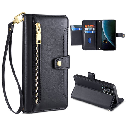 For ZTE Blade V30 Fully Wrapped PU Leather Stand Case Zipper Pocket Card Slots Flip Phone Cover with Wrist Strap and Shoulder Strap