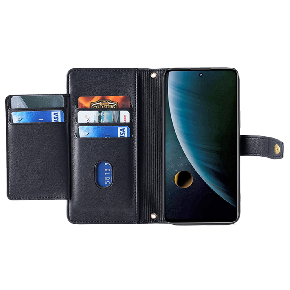 For ZTE Blade V30 Fully Wrapped PU Leather Stand Case Zipper Pocket Card Slots Flip Phone Cover with Wrist Strap and Shoulder Strap