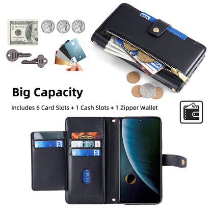 For ZTE Blade V30 Fully Wrapped PU Leather Stand Case Zipper Pocket Card Slots Flip Phone Cover with Wrist Strap and Shoulder Strap