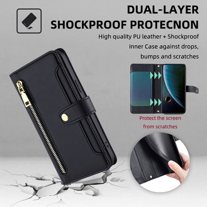 For ZTE Blade V30 Fully Wrapped PU Leather Stand Case Zipper Pocket Card Slots Flip Phone Cover with Wrist Strap and Shoulder Strap