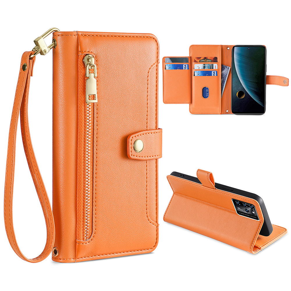 For ZTE Blade V30 Fully Wrapped PU Leather Stand Case Zipper Pocket Card Slots Flip Phone Cover with Wrist Strap and Shoulder Strap