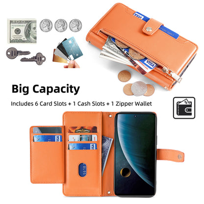 For ZTE Blade V30 Fully Wrapped PU Leather Stand Case Zipper Pocket Card Slots Flip Phone Cover with Wrist Strap and Shoulder Strap