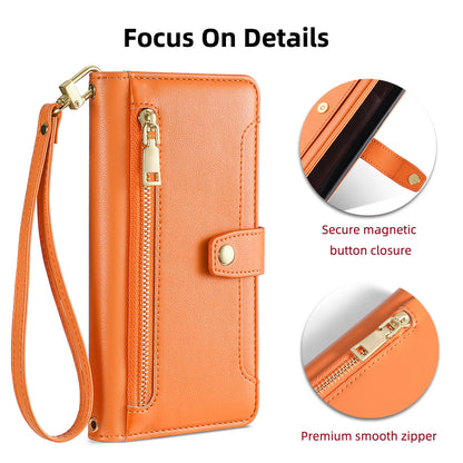 For ZTE Blade V30 Fully Wrapped PU Leather Stand Case Zipper Pocket Card Slots Flip Phone Cover with Wrist Strap and Shoulder Strap