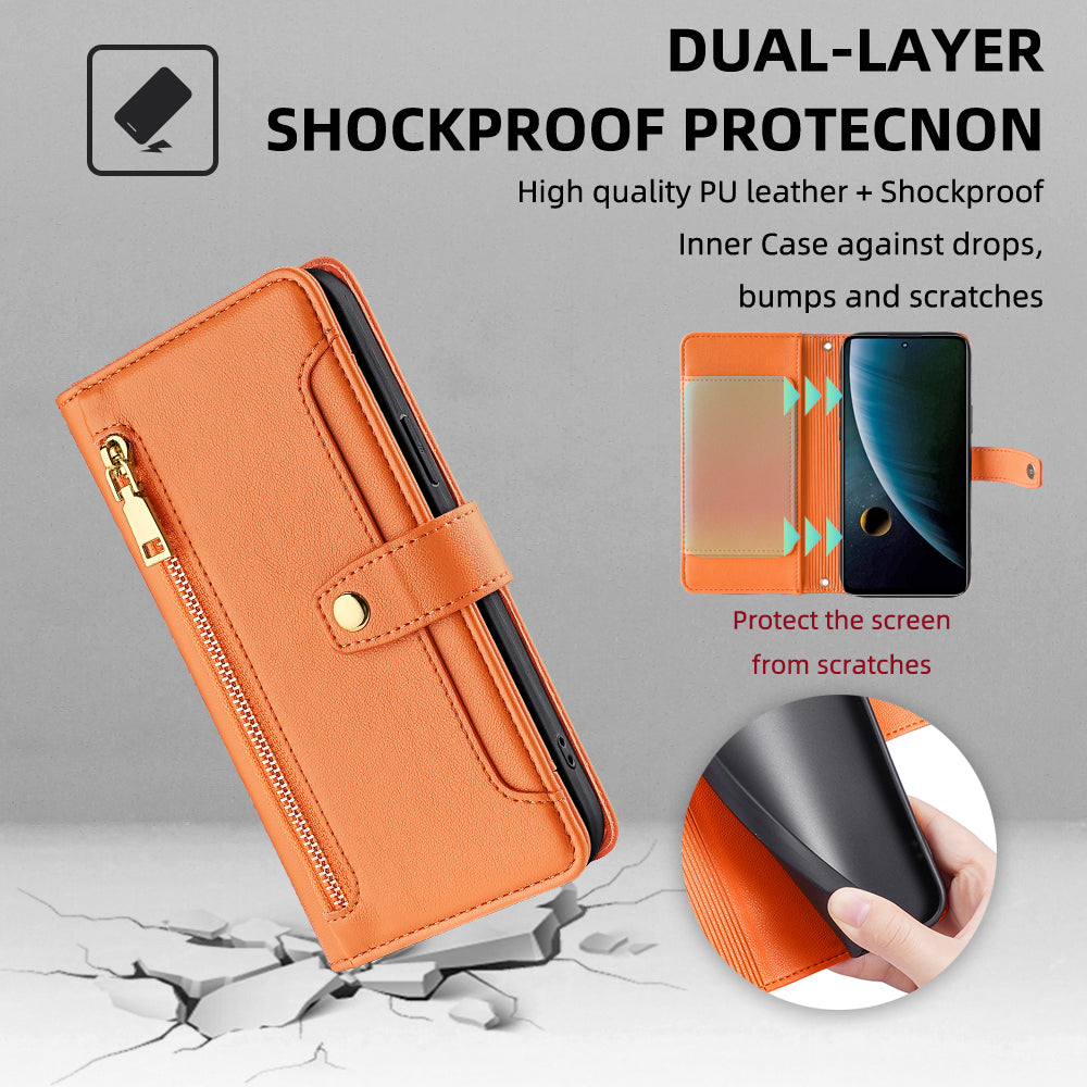 For ZTE Blade V30 Fully Wrapped PU Leather Stand Case Zipper Pocket Card Slots Flip Phone Cover with Wrist Strap and Shoulder Strap