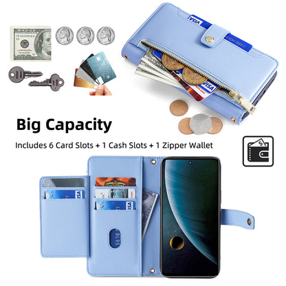 For ZTE Blade V30 Fully Wrapped PU Leather Stand Case Zipper Pocket Card Slots Flip Phone Cover with Wrist Strap and Shoulder Strap