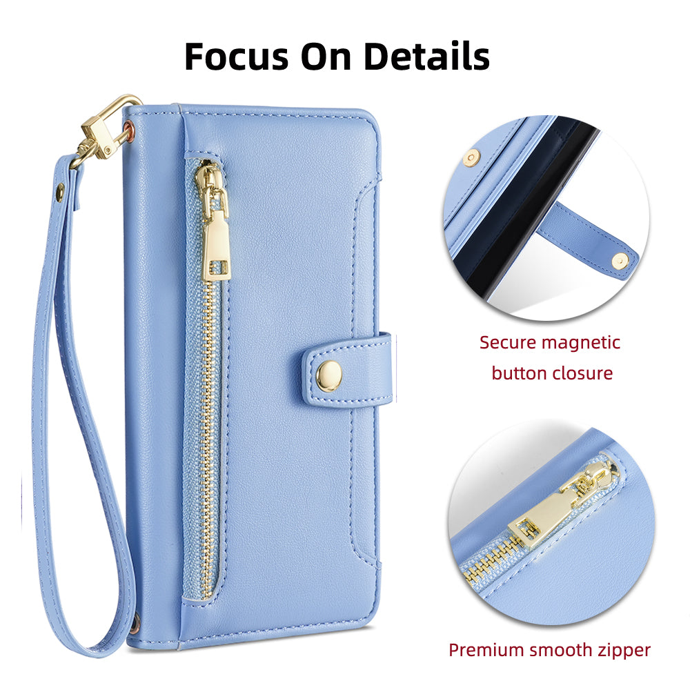 For ZTE Blade V30 Fully Wrapped PU Leather Stand Case Zipper Pocket Card Slots Flip Phone Cover with Wrist Strap and Shoulder Strap