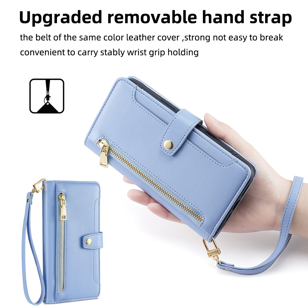 For ZTE Blade V30 Fully Wrapped PU Leather Stand Case Zipper Pocket Card Slots Flip Phone Cover with Wrist Strap and Shoulder Strap