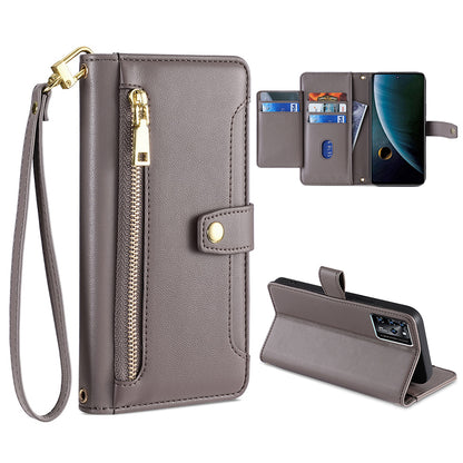 For ZTE Blade V30 Fully Wrapped PU Leather Stand Case Zipper Pocket Card Slots Flip Phone Cover with Wrist Strap and Shoulder Strap