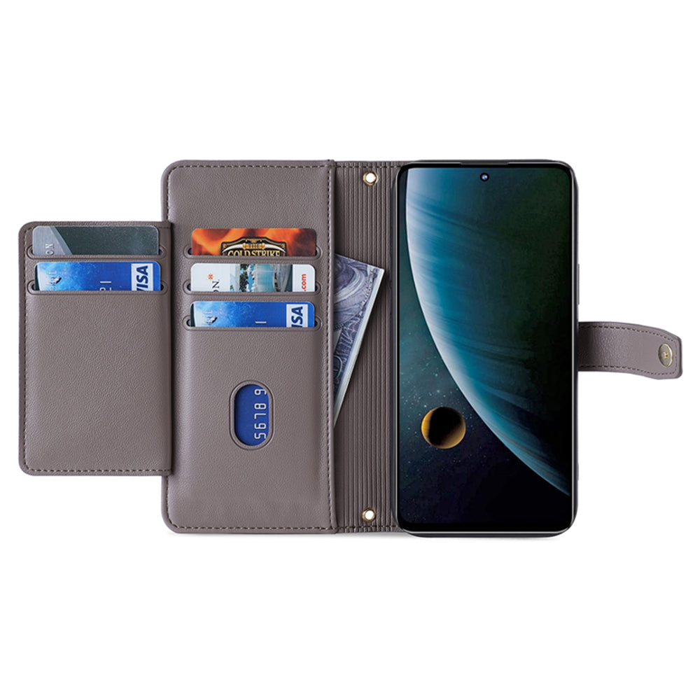 For ZTE Blade V30 Fully Wrapped PU Leather Stand Case Zipper Pocket Card Slots Flip Phone Cover with Wrist Strap and Shoulder Strap