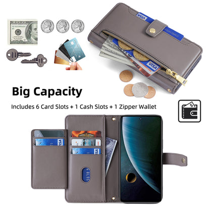 For ZTE Blade V30 Fully Wrapped PU Leather Stand Case Zipper Pocket Card Slots Flip Phone Cover with Wrist Strap and Shoulder Strap