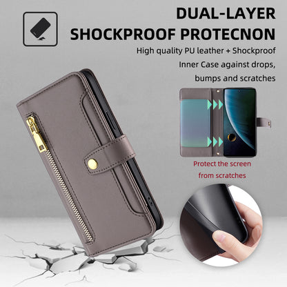 For ZTE Blade V30 Fully Wrapped PU Leather Stand Case Zipper Pocket Card Slots Flip Phone Cover with Wrist Strap and Shoulder Strap