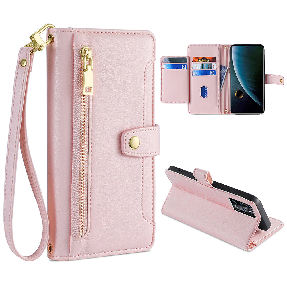 For ZTE Blade V30 Fully Wrapped PU Leather Stand Case Zipper Pocket Card Slots Flip Phone Cover with Wrist Strap and Shoulder Strap