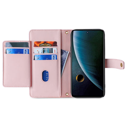 For ZTE Blade V30 Fully Wrapped PU Leather Stand Case Zipper Pocket Card Slots Flip Phone Cover with Wrist Strap and Shoulder Strap