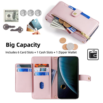 For ZTE Blade V30 Fully Wrapped PU Leather Stand Case Zipper Pocket Card Slots Flip Phone Cover with Wrist Strap and Shoulder Strap