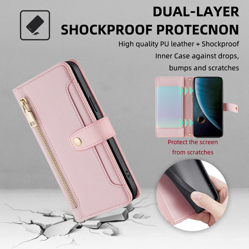 For ZTE Blade V30 Fully Wrapped PU Leather Stand Case Zipper Pocket Card Slots Flip Phone Cover with Wrist Strap and Shoulder Strap