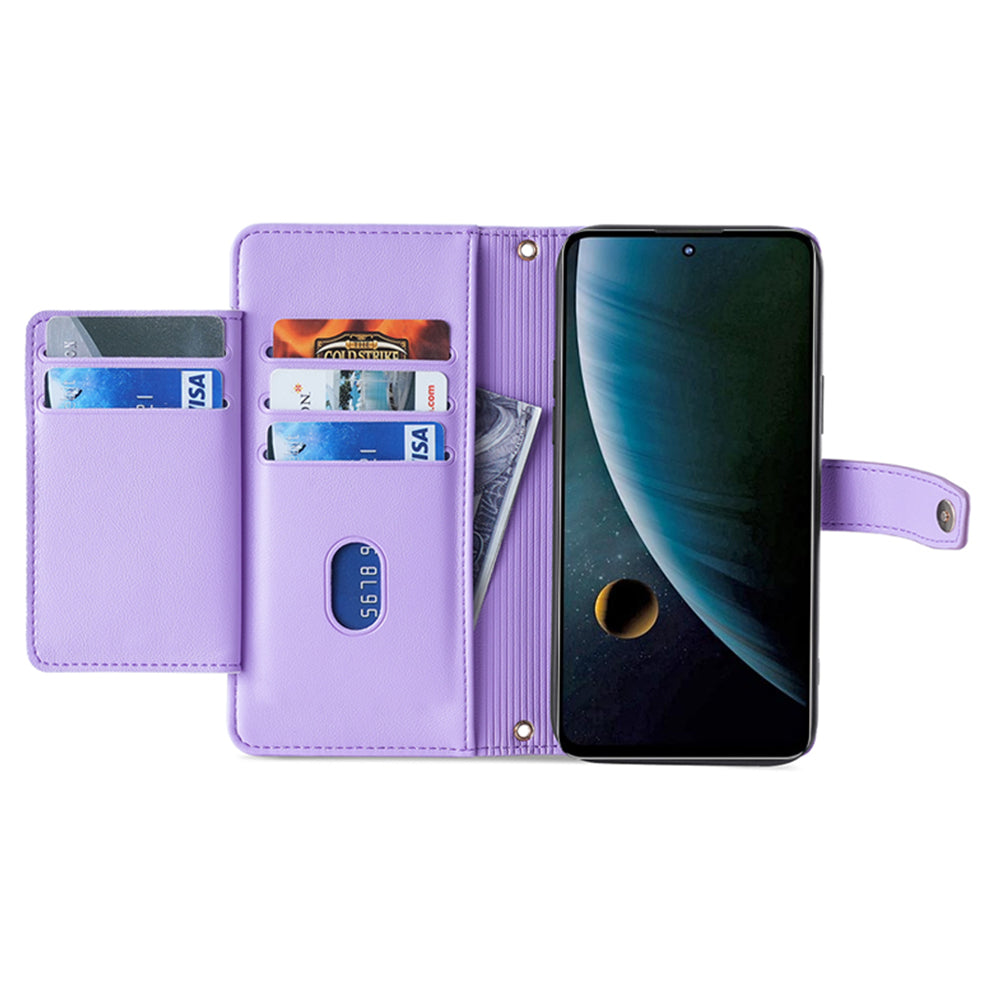 For ZTE Blade V30 Fully Wrapped PU Leather Stand Case Zipper Pocket Card Slots Flip Phone Cover with Wrist Strap and Shoulder Strap