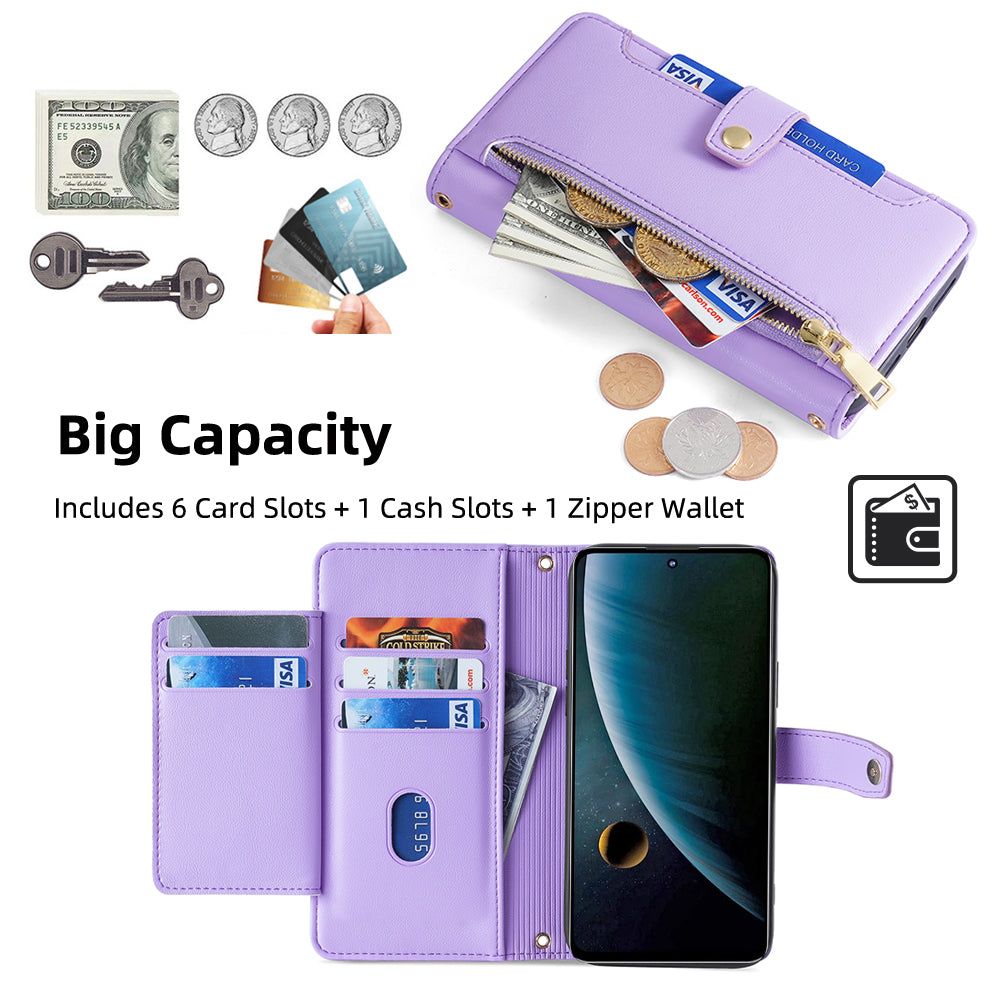 For ZTE Blade V30 Fully Wrapped PU Leather Stand Case Zipper Pocket Card Slots Flip Phone Cover with Wrist Strap and Shoulder Strap