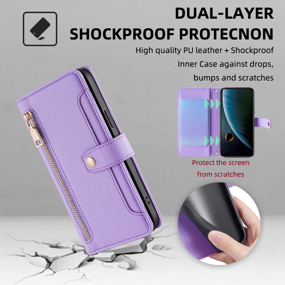 For ZTE Blade V30 Fully Wrapped PU Leather Stand Case Zipper Pocket Card Slots Flip Phone Cover with Wrist Strap and Shoulder Strap