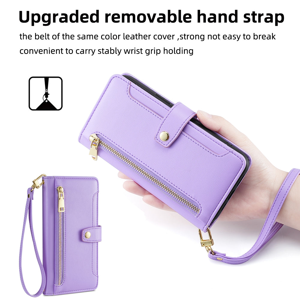 For ZTE Blade V30 Fully Wrapped PU Leather Stand Case Zipper Pocket Card Slots Flip Phone Cover with Wrist Strap and Shoulder Strap