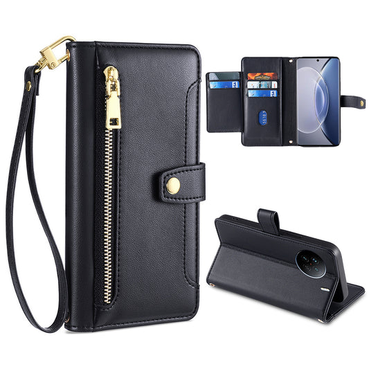 For vivo X90 5G PU Leather Stand Case Zipper Pocket Card Slots Well-protected Flip Phone Cover with Wrist Strap and Shoulder Strap