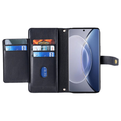 For vivo X90 5G PU Leather Stand Case Zipper Pocket Card Slots Well-protected Flip Phone Cover with Wrist Strap and Shoulder Strap