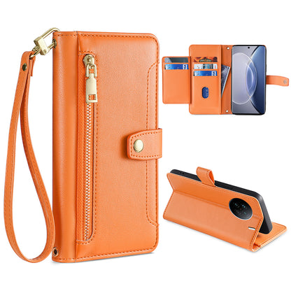 For vivo X90 5G PU Leather Stand Case Zipper Pocket Card Slots Well-protected Flip Phone Cover with Wrist Strap and Shoulder Strap