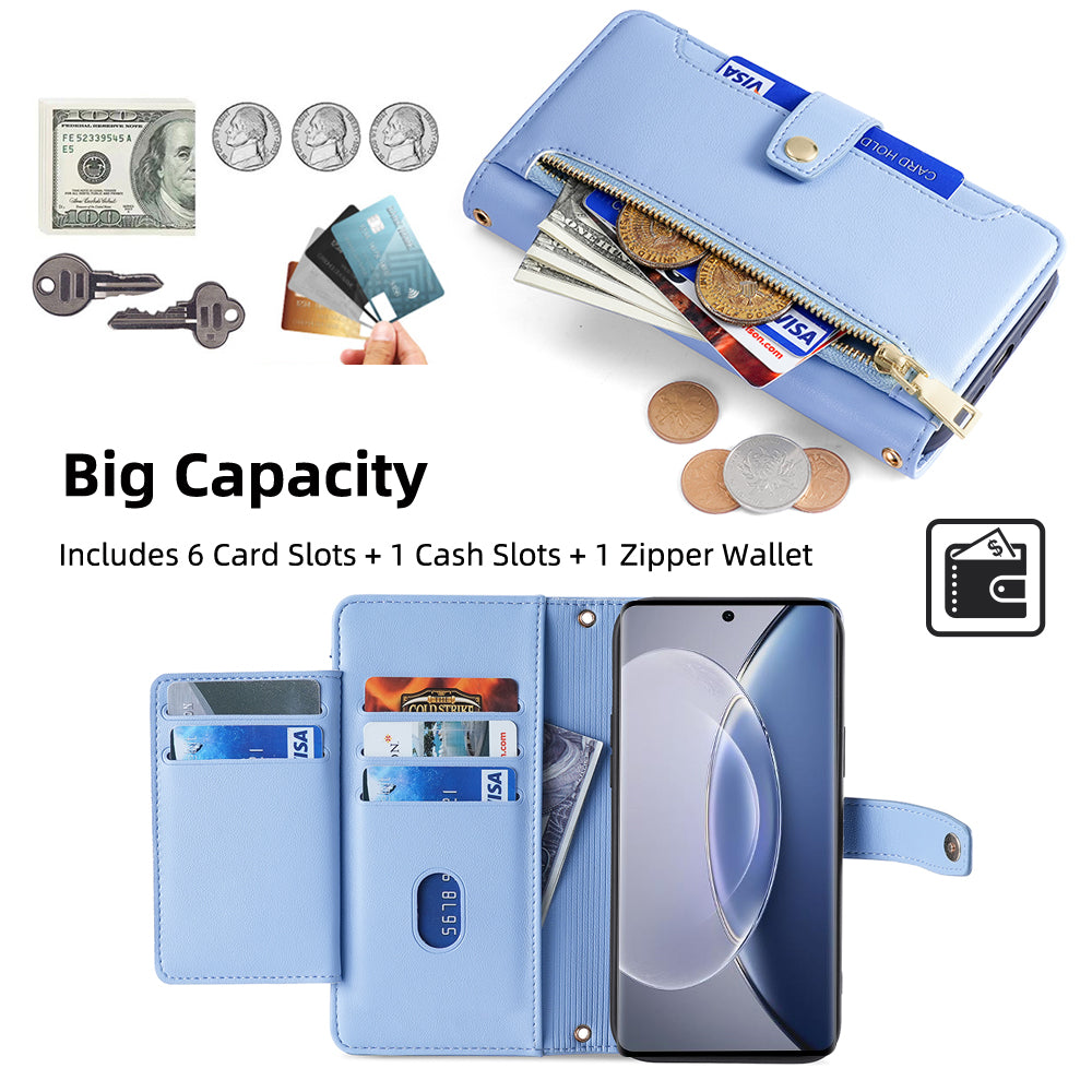 For vivo X90 5G PU Leather Stand Case Zipper Pocket Card Slots Well-protected Flip Phone Cover with Wrist Strap and Shoulder Strap