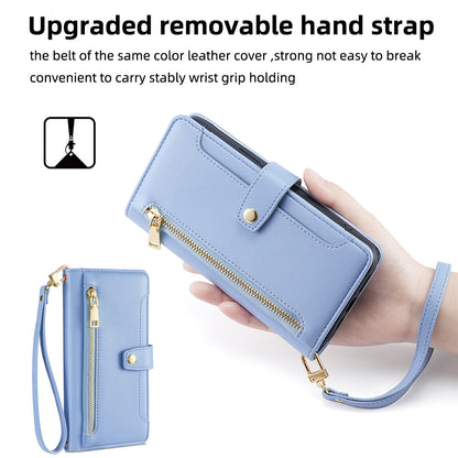 For vivo X90 5G PU Leather Stand Case Zipper Pocket Card Slots Well-protected Flip Phone Cover with Wrist Strap and Shoulder Strap