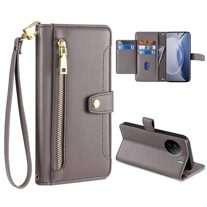 For vivo X90 5G PU Leather Stand Case Zipper Pocket Card Slots Well-protected Flip Phone Cover with Wrist Strap and Shoulder Strap