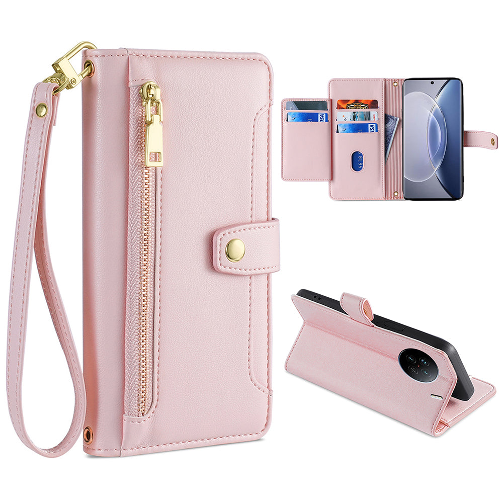 For vivo X90 5G PU Leather Stand Case Zipper Pocket Card Slots Well-protected Flip Phone Cover with Wrist Strap and Shoulder Strap