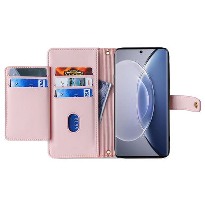 For vivo X90 5G PU Leather Stand Case Zipper Pocket Card Slots Well-protected Flip Phone Cover with Wrist Strap and Shoulder Strap