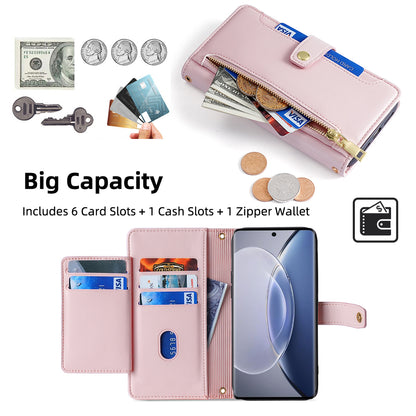 For vivo X90 5G PU Leather Stand Case Zipper Pocket Card Slots Well-protected Flip Phone Cover with Wrist Strap and Shoulder Strap