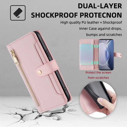 For vivo X90 5G PU Leather Stand Case Zipper Pocket Card Slots Well-protected Flip Phone Cover with Wrist Strap and Shoulder Strap