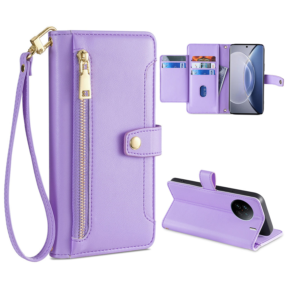 For vivo X90 5G PU Leather Stand Case Zipper Pocket Card Slots Well-protected Flip Phone Cover with Wrist Strap and Shoulder Strap