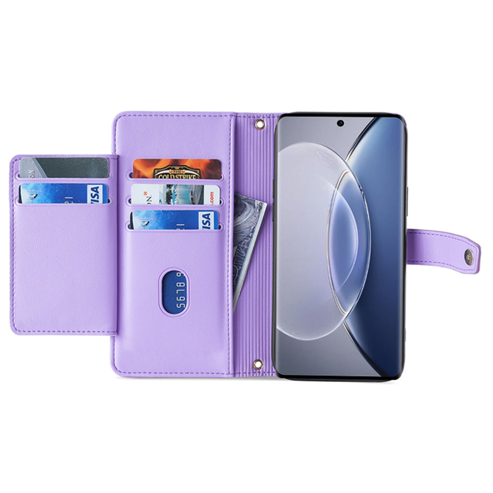 For vivo X90 5G PU Leather Stand Case Zipper Pocket Card Slots Well-protected Flip Phone Cover with Wrist Strap and Shoulder Strap