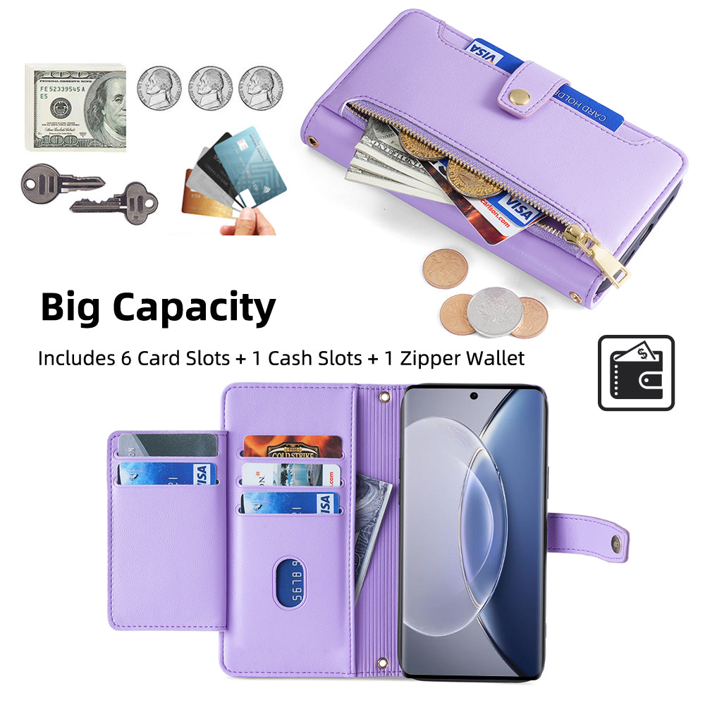 For vivo X90 5G PU Leather Stand Case Zipper Pocket Card Slots Well-protected Flip Phone Cover with Wrist Strap and Shoulder Strap