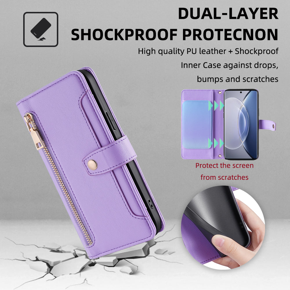 For vivo X90 5G PU Leather Stand Case Zipper Pocket Card Slots Well-protected Flip Phone Cover with Wrist Strap and Shoulder Strap