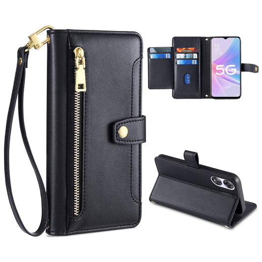 For Oppo A58 5G Textured PU Leather Wallet Case Multiple Card Slots Magnetic Closure Zipper Pocket Stand Phone Cover with Wrist Strap and Shoulder Strap