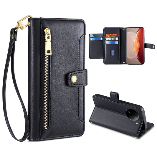 For vivo X90 Pro+ 5G Zipper Pocket Drop Resistant PU Leather Stand Case Card Slots Flip Phone Cover with Wrist Strap and Shoulder Strap